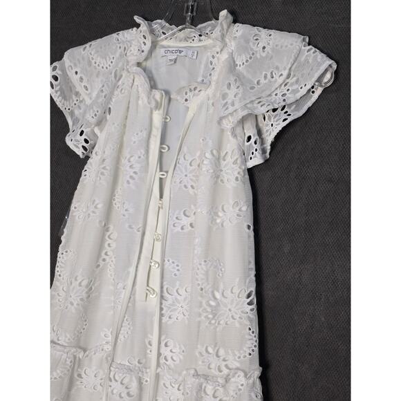 Chicos Midi Dress Sz 00 US 2 Alabaster White Eyelet Peasant Tie Prairie Tiered - Picture 3 of 7